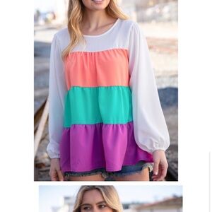 Purple Orange Teal Colorblock Tiered Ruffle Top Oversized Blouse